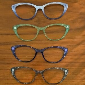 Set of Four Cat Eye Eyeglass Frames in Blue, Green, Navy, Black